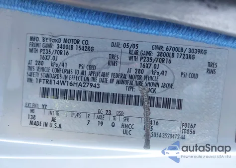 2006 Ford E-150 Commercial/Recreational z USA, uszkodzony, nr VIN 1FTRE14W16HA27943